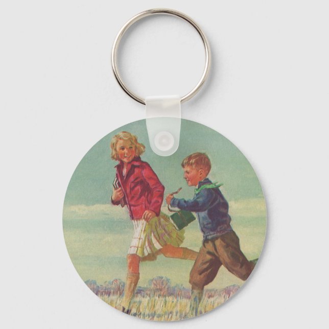 Vintage Children Running to School Carrying Books Keychain (Front)