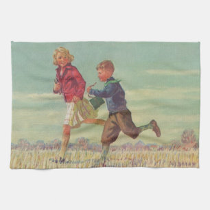 Vintage Children Running to School Carrying Books Kitchen Towel