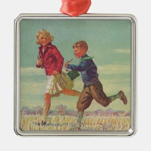 Vintage Children Running to School Carrying Books Metal Ornament