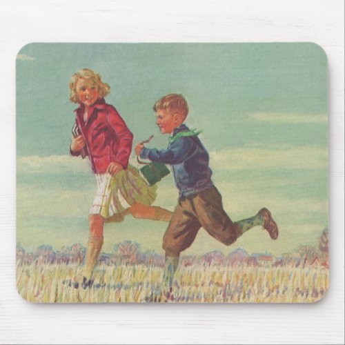 Vintage Children Running to School Carrying Books Mouse Pad