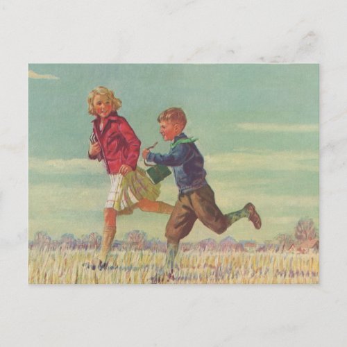 Vintage Children Running to School Carrying Books Postcard