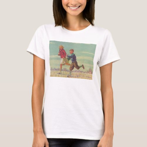 Vintage Children Running to School Carrying Books T_Shirt