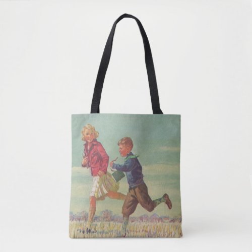 Vintage Children Running to School Carrying Books Tote Bag