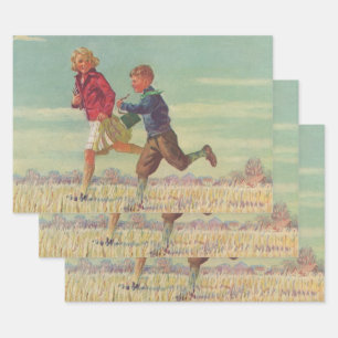 Vintage Children Running to School Carrying Books Wrapping Paper Sheets