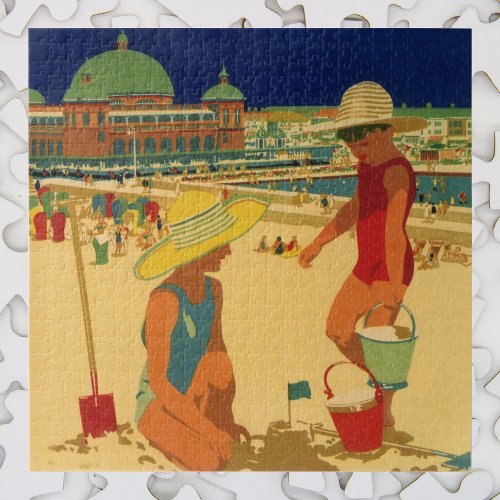 Vintage Children Sisters Family Vacation at Beach Jigsaw Puzzle