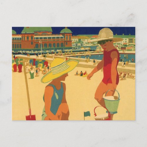 Vintage Children Sisters Family Vacation at Beach Postcard