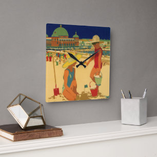 Vintage Children, Sisters Family Vacation at Beach Square Wall Clock