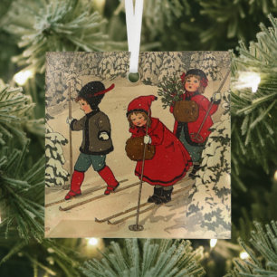 Vintage Children Skiing Through a Snowy Forest Glass Ornament