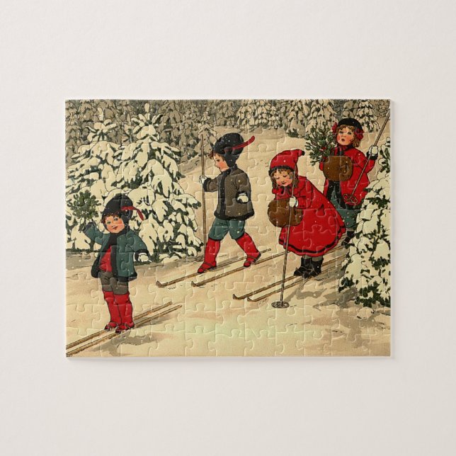 Vintage Children Skiing Through a Snowy Forest  Jigsaw Puzzle (Horizontal)