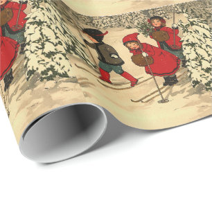 Vintage Children Skiing Through a Snowy Forest Wrapping Paper