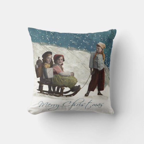 Vintage Children Sledding Artwork painting drawing Throw Pillow