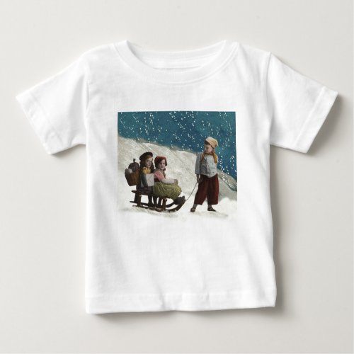 Vintage Children Sledding Baby T_Shirt