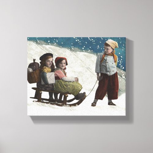 Vintage Children Sledding Christmas Winter Canvas Print