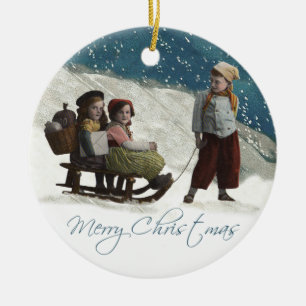 Vintage Children Sledding Christmas Winter Ceramic Ornament