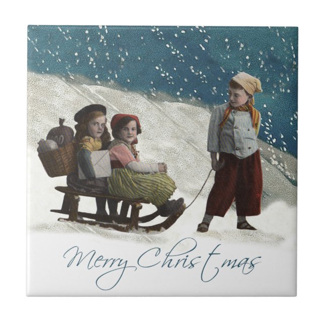 Vintage Children Sledding Christmas Winter Ceramic Tile (Front)