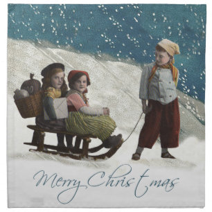Vintage Children Sledding Christmas Winter Cloth Napkin