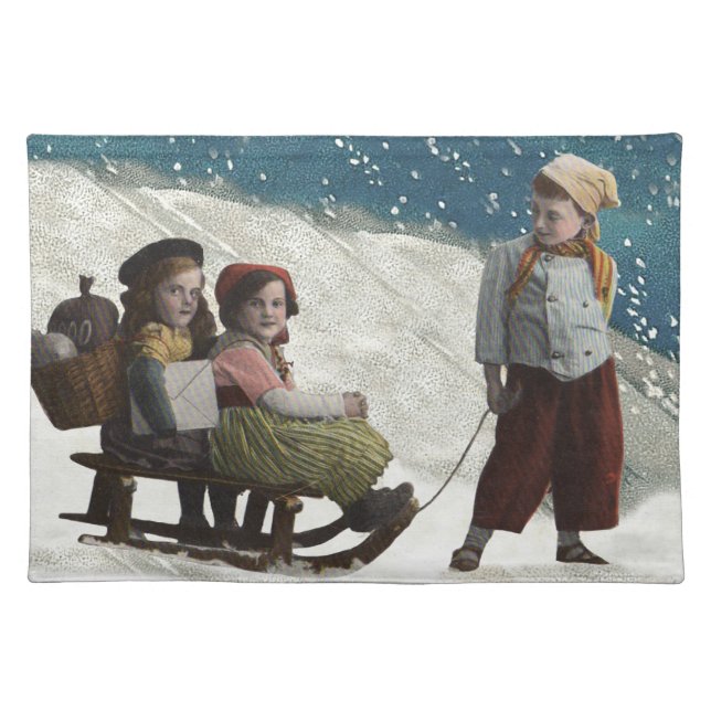 Vintage Children Sledding Christmas Winter Cloth Placemat (Front)