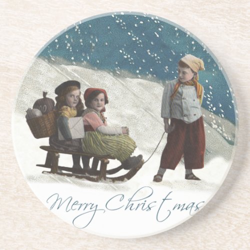 Vintage Children Sledding Christmas Winter Coaster