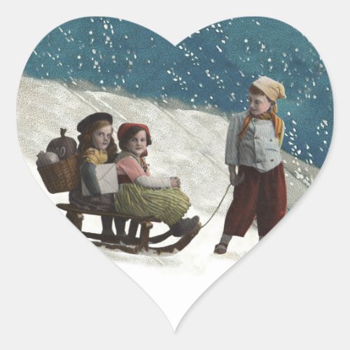 Vintage Children Sledding Christmas Winter Heart Sticker