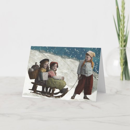 Vintage Children Sledding Christmas Winter Holiday Card