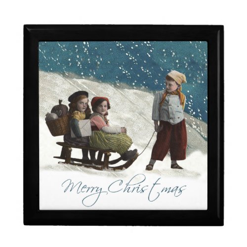 Vintage Children Sledding Christmas Winter Keepsake Box