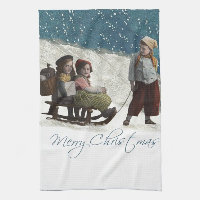 Vintage Children Sledding Christmas Winter Kitchen Towel (Vertical)