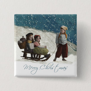 Vintage Children Sledding Christmas Winter Pinback Button