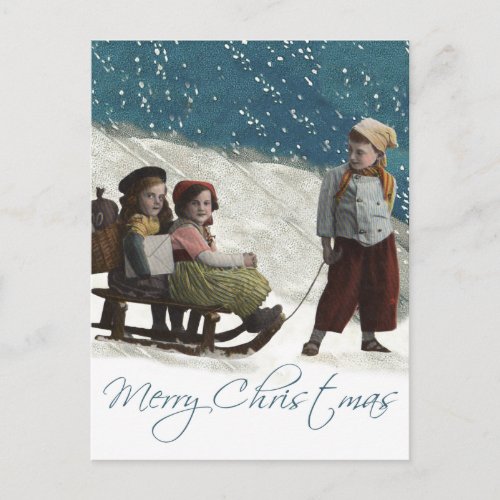 Vintage Children Sledding Christmas Winter Postcard