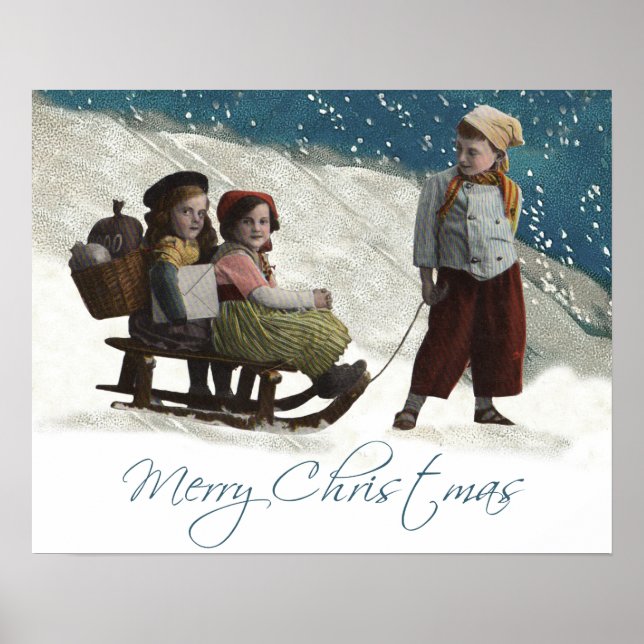 Vintage Children Sledding Christmas Winter Poster (Front)
