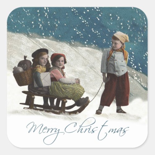 Vintage Children Sledding Christmas Winter Square Sticker