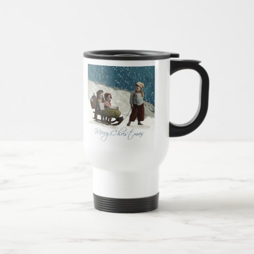 Vintage Children Sledding Christmas Winter Travel Mug