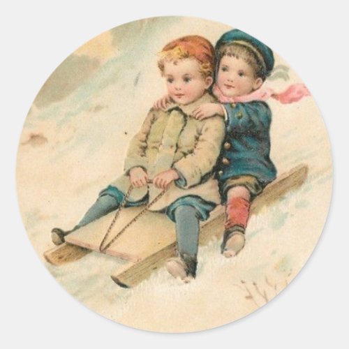 Vintage Children Sledding In the Snow Classic Round Sticker