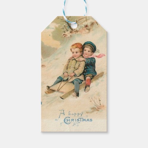 Vintage Children Sledding In the Snow Gift Tags