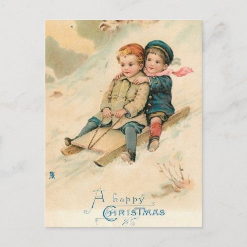 Vintage Children Sledding In the Snow Postcard