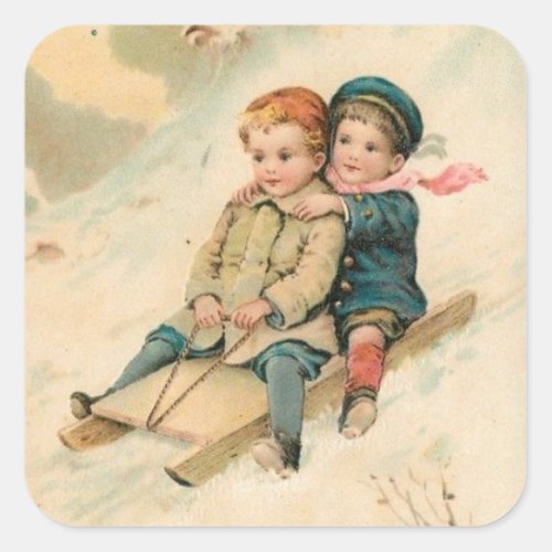 Vintage Children Sledding In the Snow Square Sticker