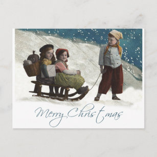 Christmas Kids Sledding Lillian Vernon Post Card Unused Children playing in snow 