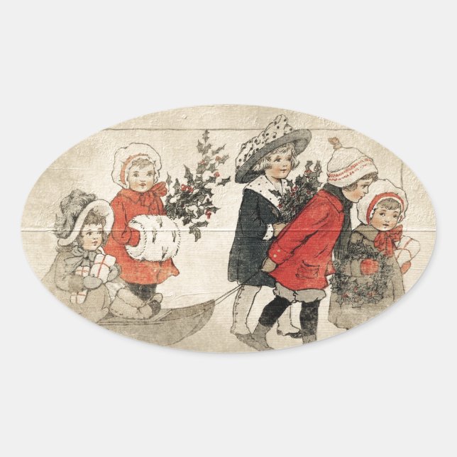 Vintage Children Snow Sled & Tree Oval Sticker (Front)