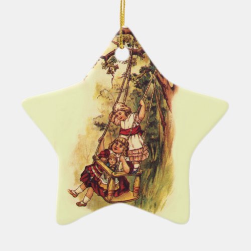 Vintage Children Swinging Outside on Tree Swing Ceramic Ornament