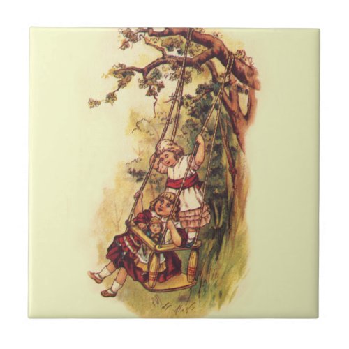 Vintage Children Swinging Outside on Tree Swing Ceramic Tile