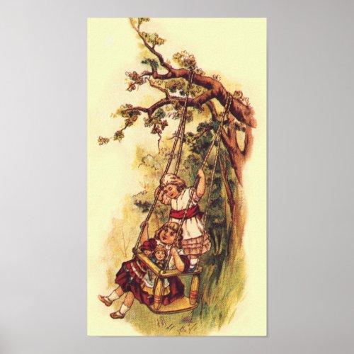 Vintage Children Swinging Outside on Tree Swing Poster