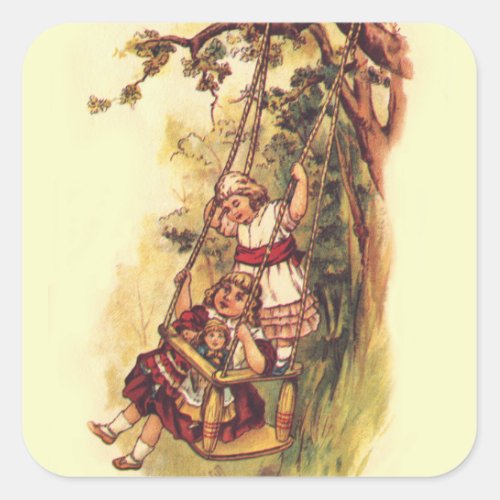 Vintage Children Swinging Outside on Tree Swing Square Sticker