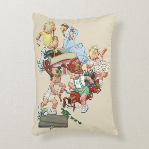 Vintage Children Toddlers Playing with Fire Trucks Accent Pillow
