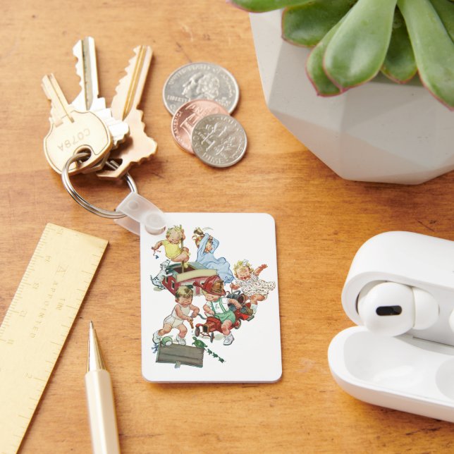 Vintage Children Toddlers Playing with Fire Trucks Keychain (Desk)