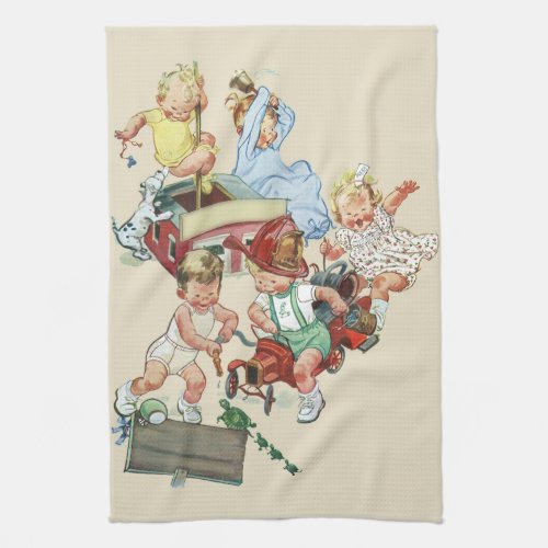 Vintage Children Toddlers Playing with Fire Trucks Kitchen Towel