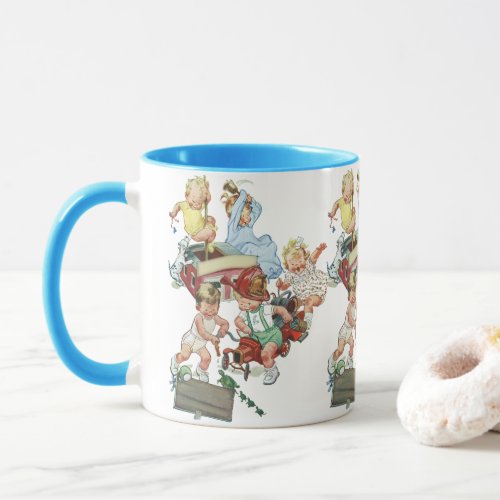 Vintage Children Toddlers Playing with Fire Trucks Mug