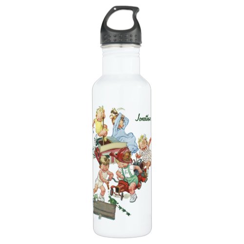 Vintage Children Toddlers Playing with Fire Trucks Stainless Steel Water Bottle