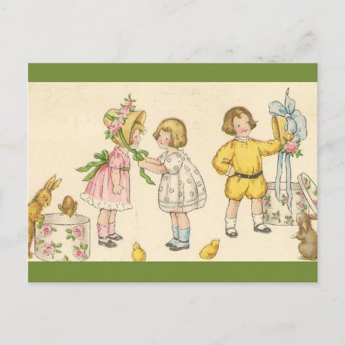 Vintage Children Trying on Easter Bonnets Postcard