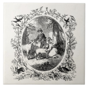 Vintage Children w Sheep Personalized Illustration Tile