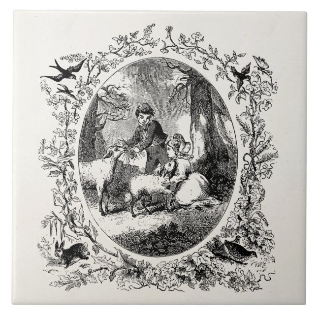 Vintage Children w Sheep Personalized Illustration Tile (Front)