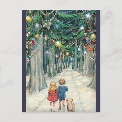 Vintage Children Walking Through Christmas Trees Holiday Postcard